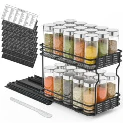 SpaceAid Slide Out Spice Rack Organizer For Kitchen Cabinet With Labels And Chalk Marker, 1 Drawer 2-Tier