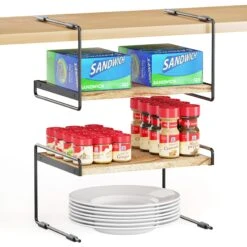 SpaceAid Cabinet Shelf Organizers 2 Pack, Kitchen Counter Organizer Rack, Metal And Wood, 13" Wide