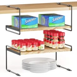 SpaceAid Open Kitchen Cabinet Shelf Organizers 2 Pack In Black And Natural, 16" Wide