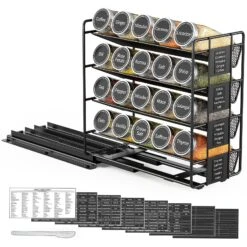 SpaceAid Pull Out Spice Rack Organizer With 20 Jars And 801 Labels For Kitchen Cabinet