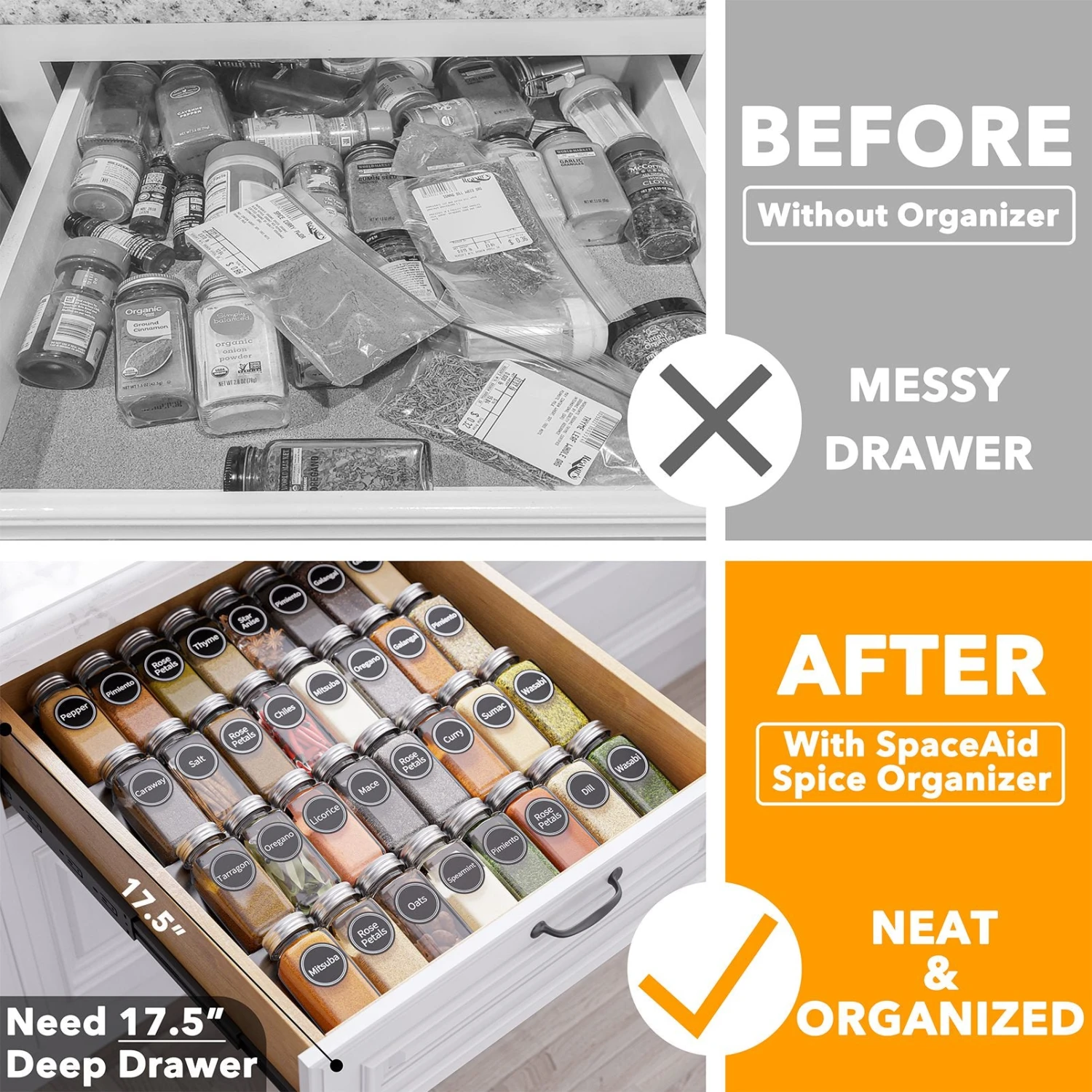SpaceAid Drawer Organizer For Spices With 32 Spice Jars, 15" Wide X 17.5" Deep 2 SpaceAid Drawer Organizer For Spices With 32 Spice Jars, 15" Wide X 17.5" Deep - Image 2