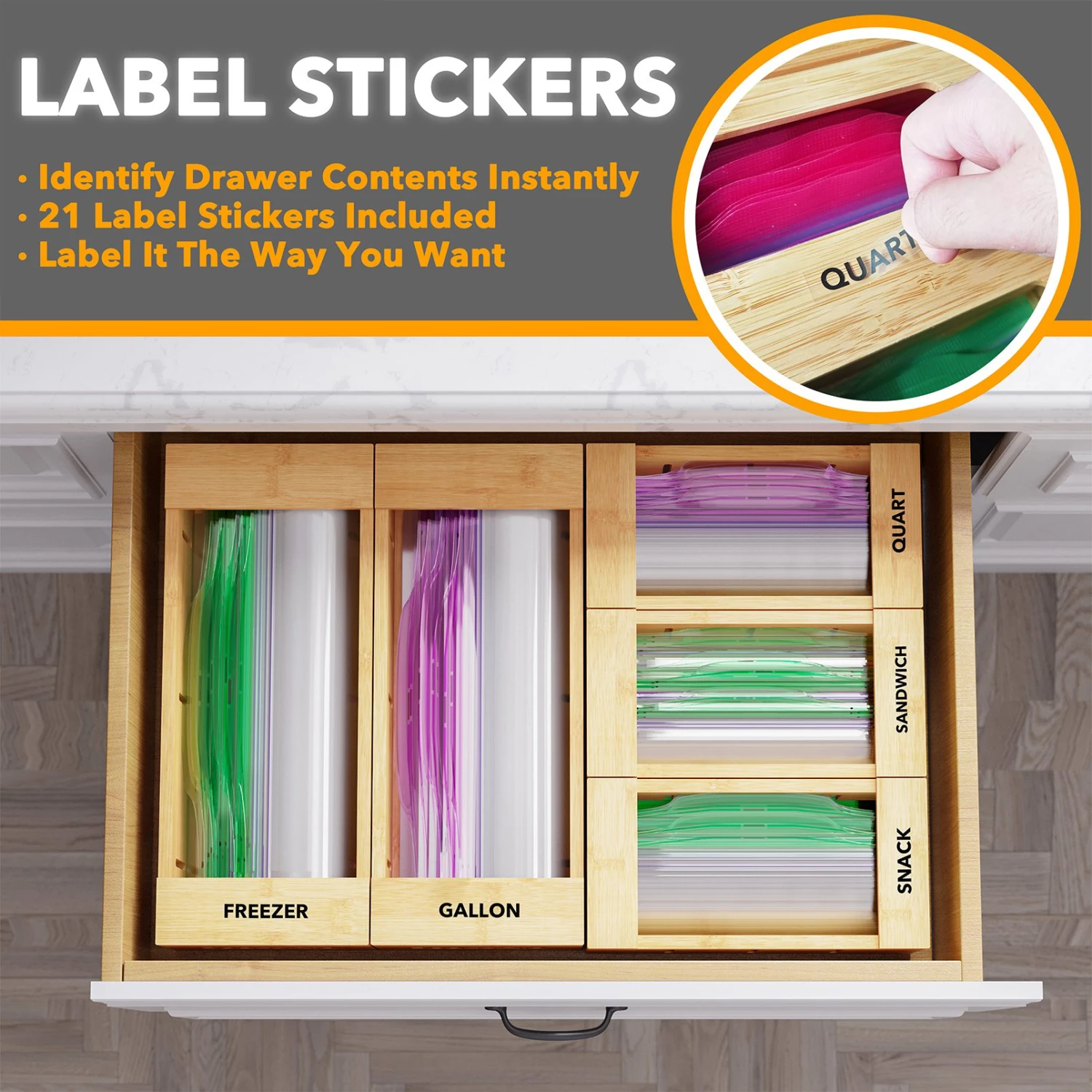 SpaceAid Bamboo Bag Organizer Storage For Kitchen Drawer, 5 Pack Set 4 SpaceAid Bamboo Bag Organizer Storage For Kitchen Drawer, 5 Pack Set - Image 4