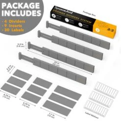 SpaceAid Bamboo Kitchen Drawer Dividers, 4 Dividers And 9 Inserts (Grey) -NeatNest Store 1609 04 1