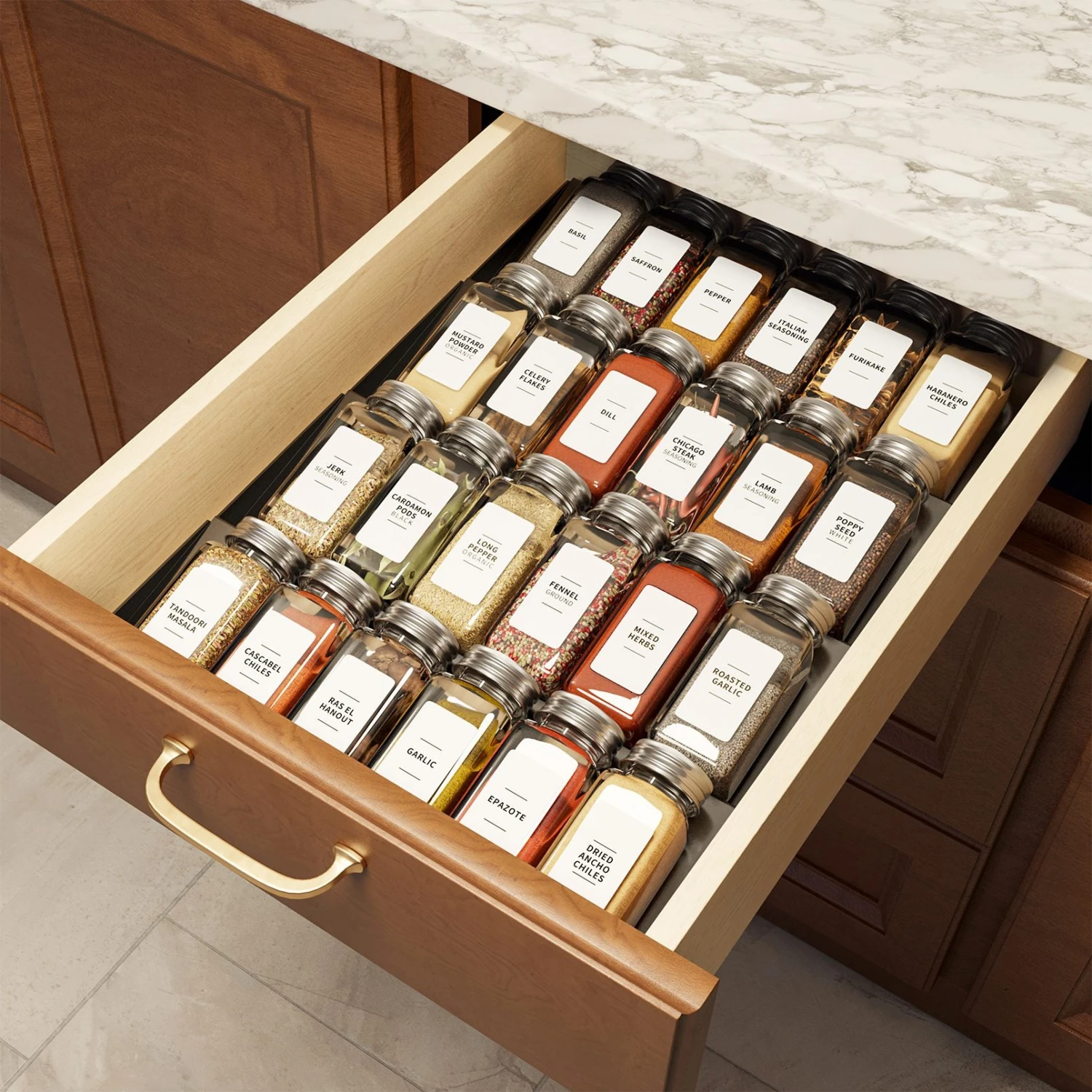 SpaceAid Best Spice Drawer Organizer With 24 Glass Spice Bottles, 11.25" Wide X 17.5" Deep 1 SpaceAid Best Spice Drawer Organizer With 24 Glass Spice Bottles, 11.25" Wide X 17.5" Deep