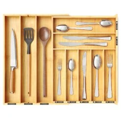 SpaceAid Bamboo Expandable Silverware Organizer For Kitchen Drawer Storage (Natural, 10 Slots)