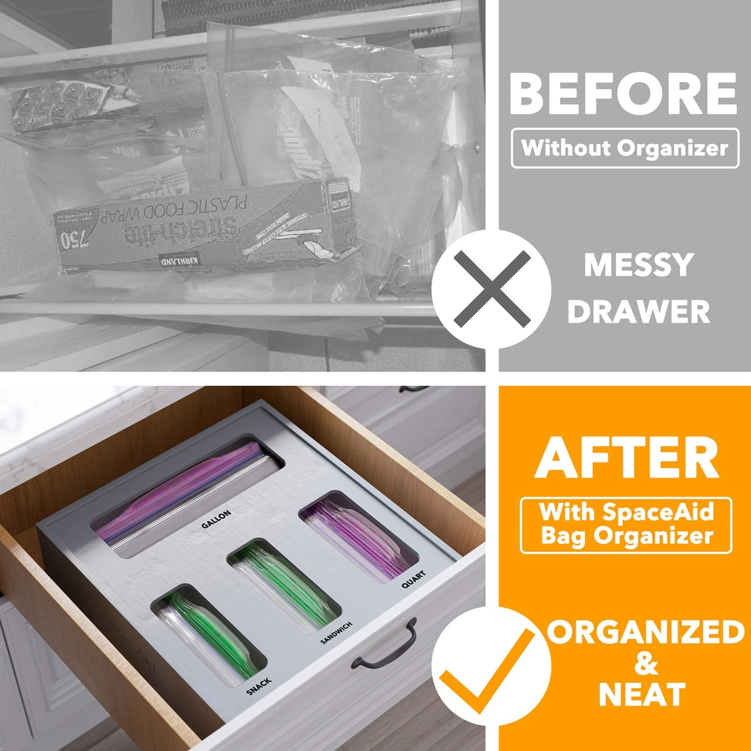 SpaceAid Bamboo Bag Storage Organizer For Kitchen Drawer, Compatible With Gallon, Quart, Sandwich And Snack (1 Box 4 Slots), Gray 2 SpaceAid Bamboo Bag Storage Organizer For Kitchen Drawer, Compatible With Gallon, Quart, Sandwich And Snack (1 Box 4 Slots), Gray - Image 2