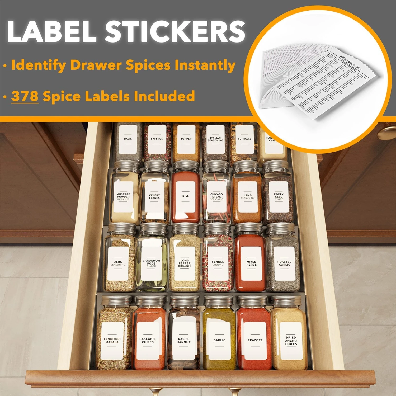SpaceAid Best Spice Drawer Organizer With 24 Glass Spice Bottles, 11.25" Wide X 17.5" Deep 3 SpaceAid Best Spice Drawer Organizer With 24 Glass Spice Bottles, 11.25" Wide X 17.5" Deep - Image 3