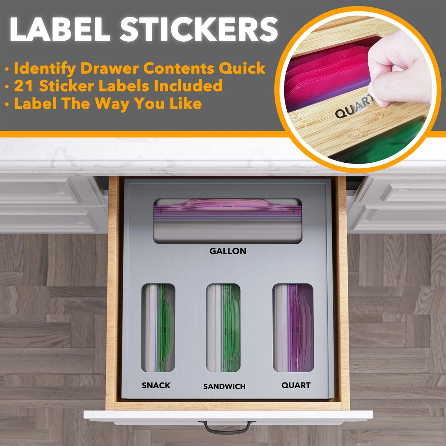 SpaceAid Bamboo Bag Storage Organizer For Kitchen Drawer, Compatible With Gallon, Quart, Sandwich And Snack (1 Box 4 Slots), Gray 4 SpaceAid Bamboo Bag Storage Organizer For Kitchen Drawer, Compatible With Gallon, Quart, Sandwich And Snack (1 Box 4 Slots), Gray - Image 4