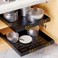 SpaceAid Adjustable No-Drill Adhesive Pull-Out Cabinet Drawer For Kitchen Black, 17" Deep