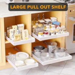SpaceAid Pull-Out Cabinet Organizer With No-Drill Adhesive For Kitchen And Pantry White, 17" Deep -NeatNest Store 28CTCL 01XK 02W 1609 3
