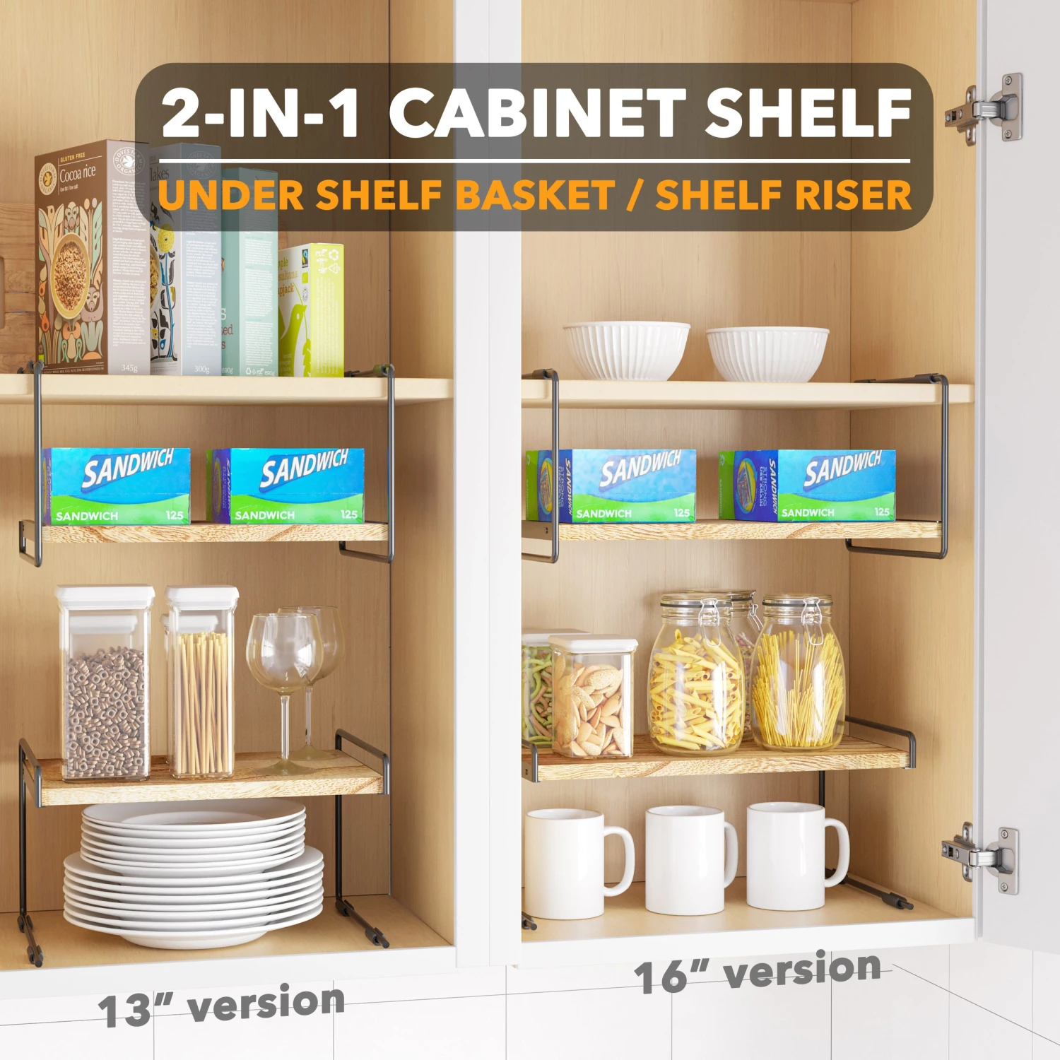 SpaceAid Open Kitchen Cabinet Shelf Organizers 2 Pack In Black And Natural, 16" Wide - Image 3