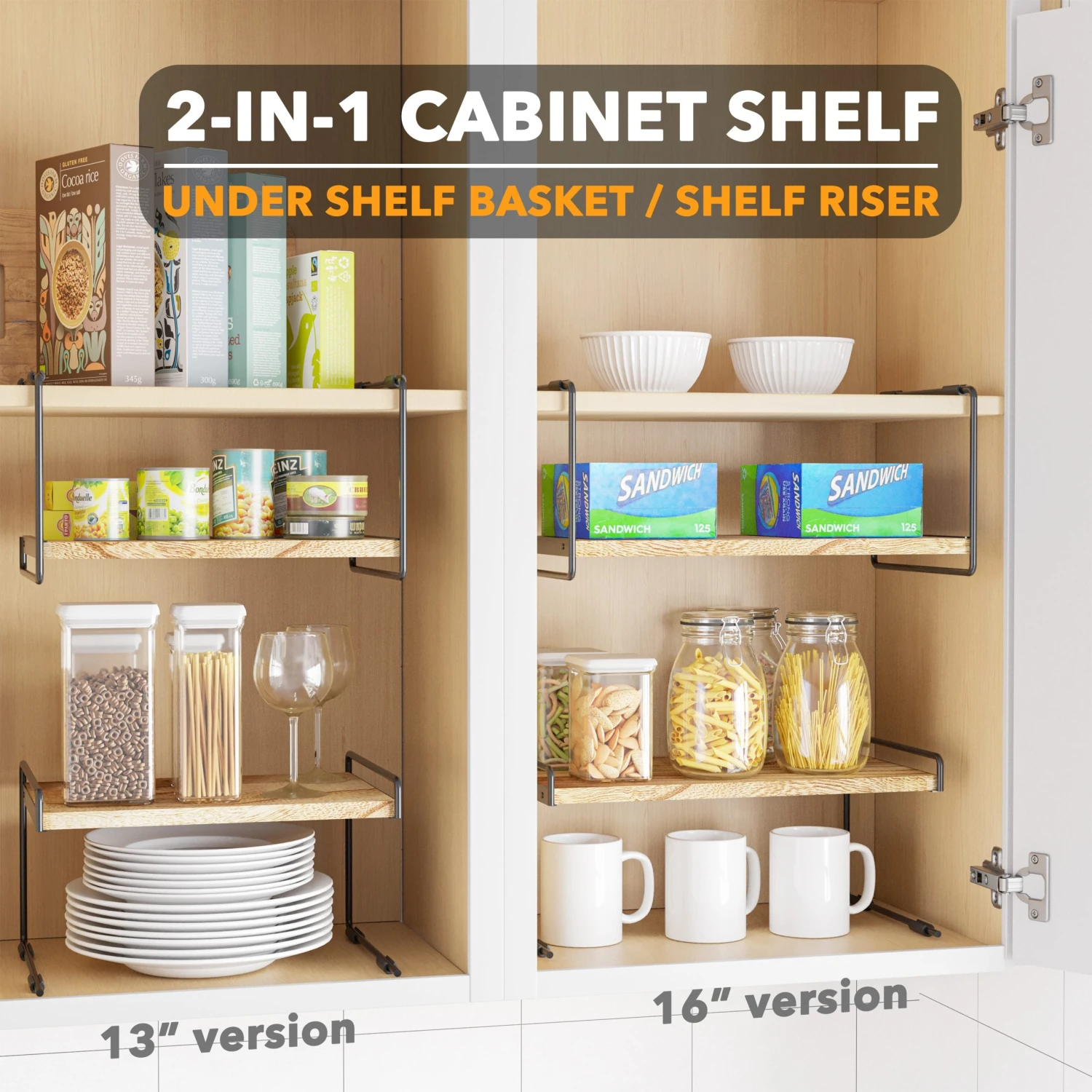 SpaceAid Cabinet Shelf Organizers 2 Pack, Kitchen Counter Organizer Rack, Metal And Wood, 13" Wide - Image 3