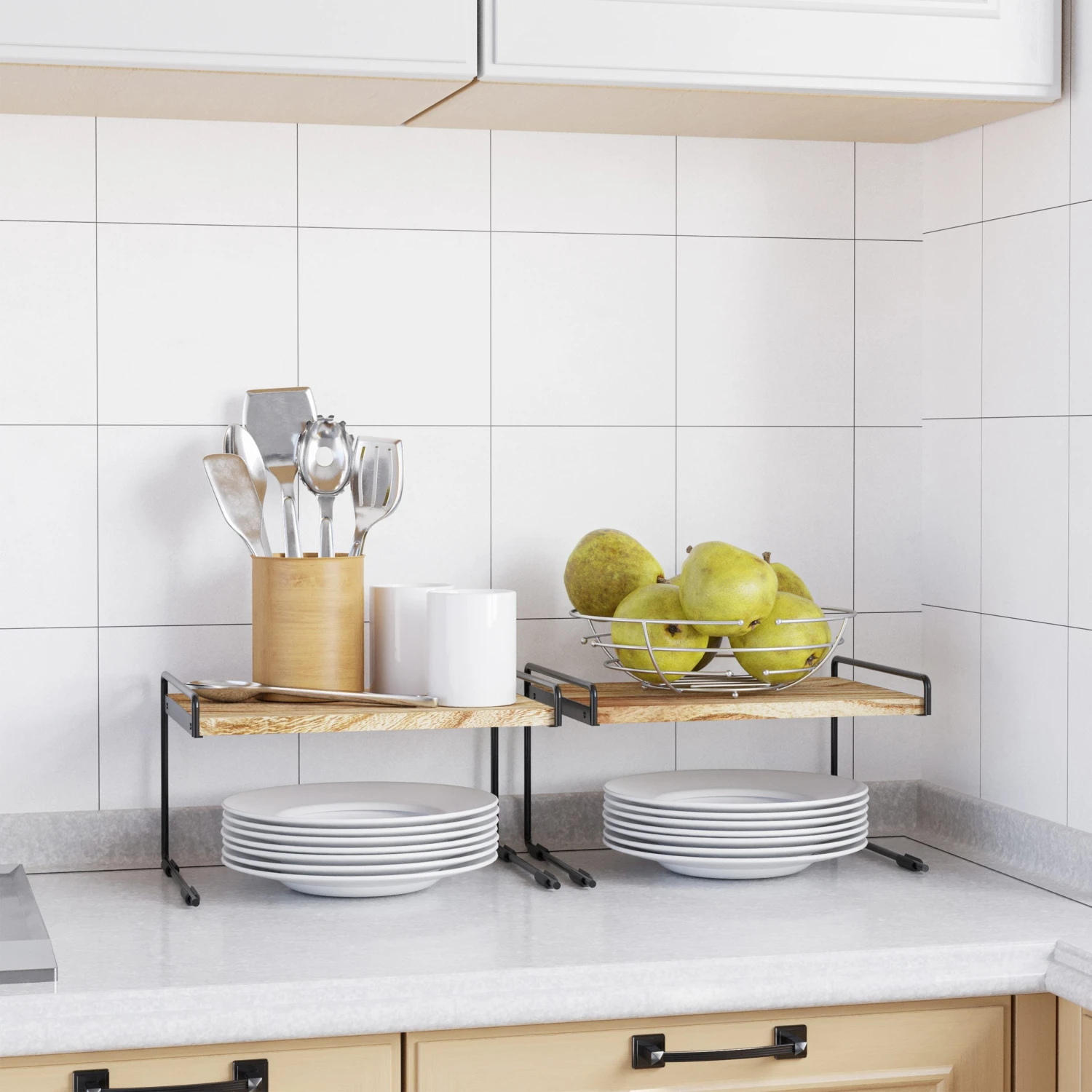 SpaceAid Cabinet Shelf Organizers 2 Pack, Kitchen Counter Organizer Rack, Metal And Wood, 13" Wide - Image 4