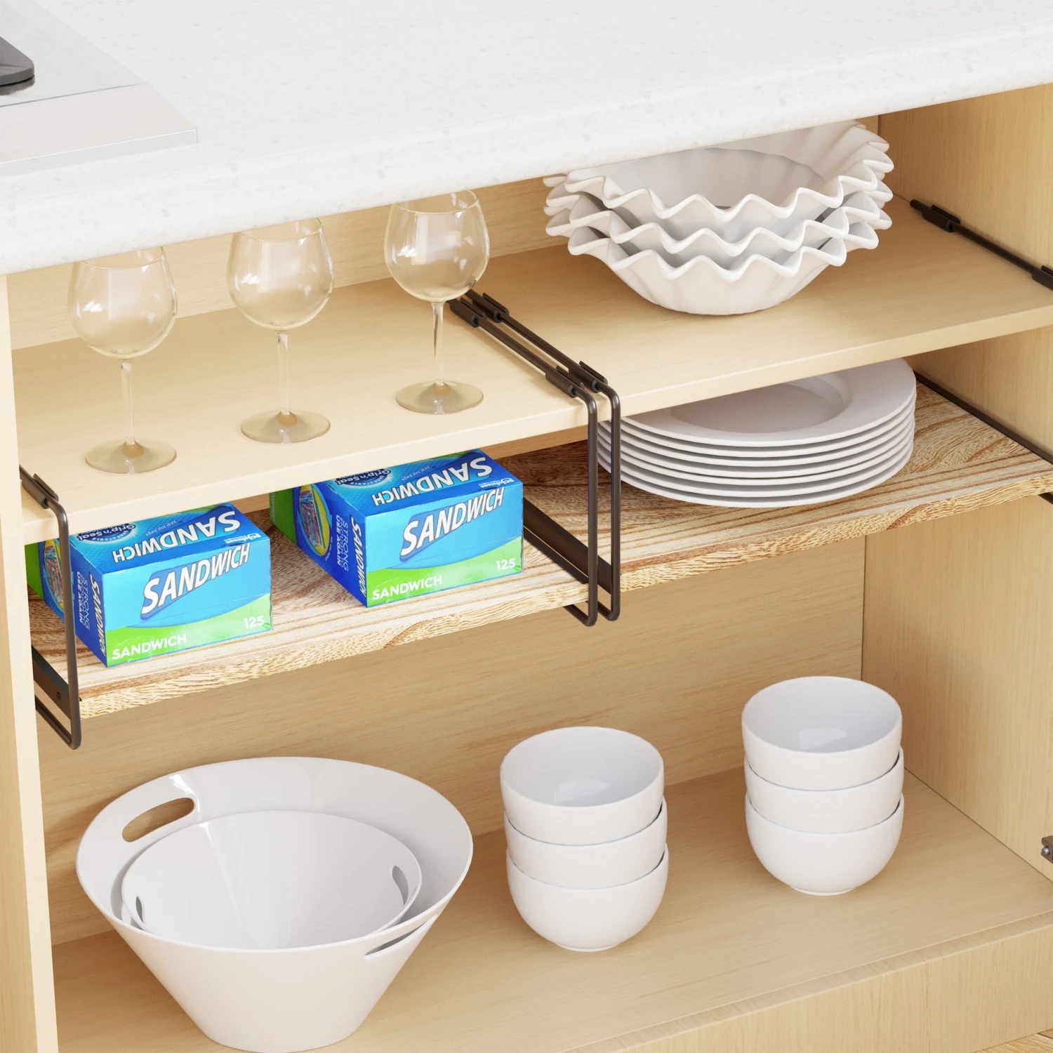 SpaceAid Open Kitchen Cabinet Shelf Organizers 2 Pack In Black And Natural, 16" Wide - Image 5