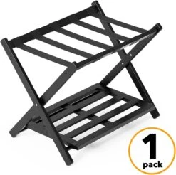 Fully Assembled Bamboo Foldable Luggage Rack With Storage Shelf, Black -NeatNest Store 61WiKlpVW L. AC SL1500