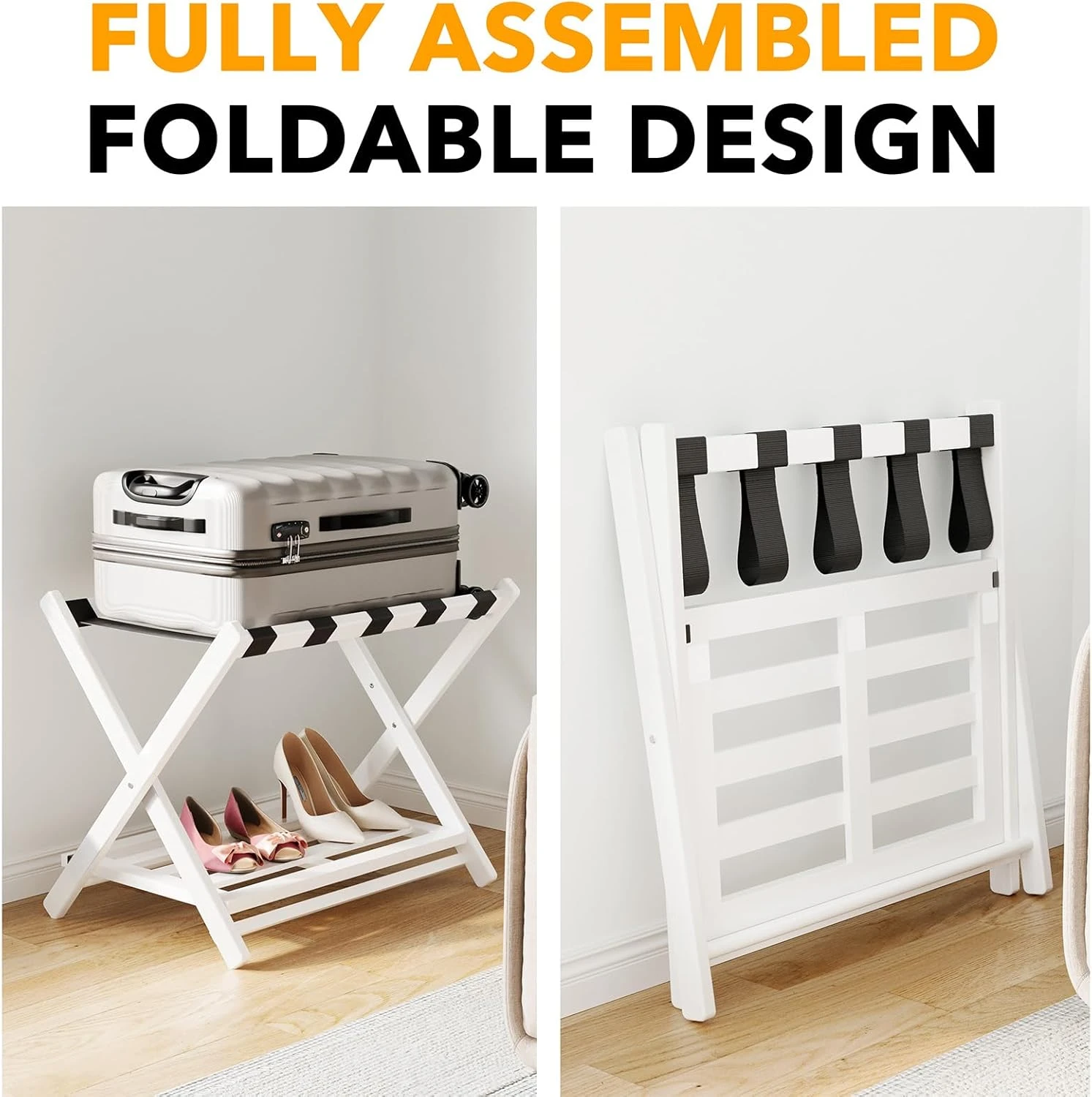 Fully Assembled Bamboo Foldable Luggage Rack With Storage Shelf, White 3 Fully Assembled Bamboo Foldable Luggage Rack With Storage Shelf, White - Image 3