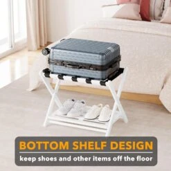 Fully Assembled Bamboo Foldable Luggage Rack With Storage Shelf, White 11 Fully Assembled Bamboo Foldable Luggage Rack With Storage Shelf, White -NeatNest Store 717lET5NgNL. AC SL1500