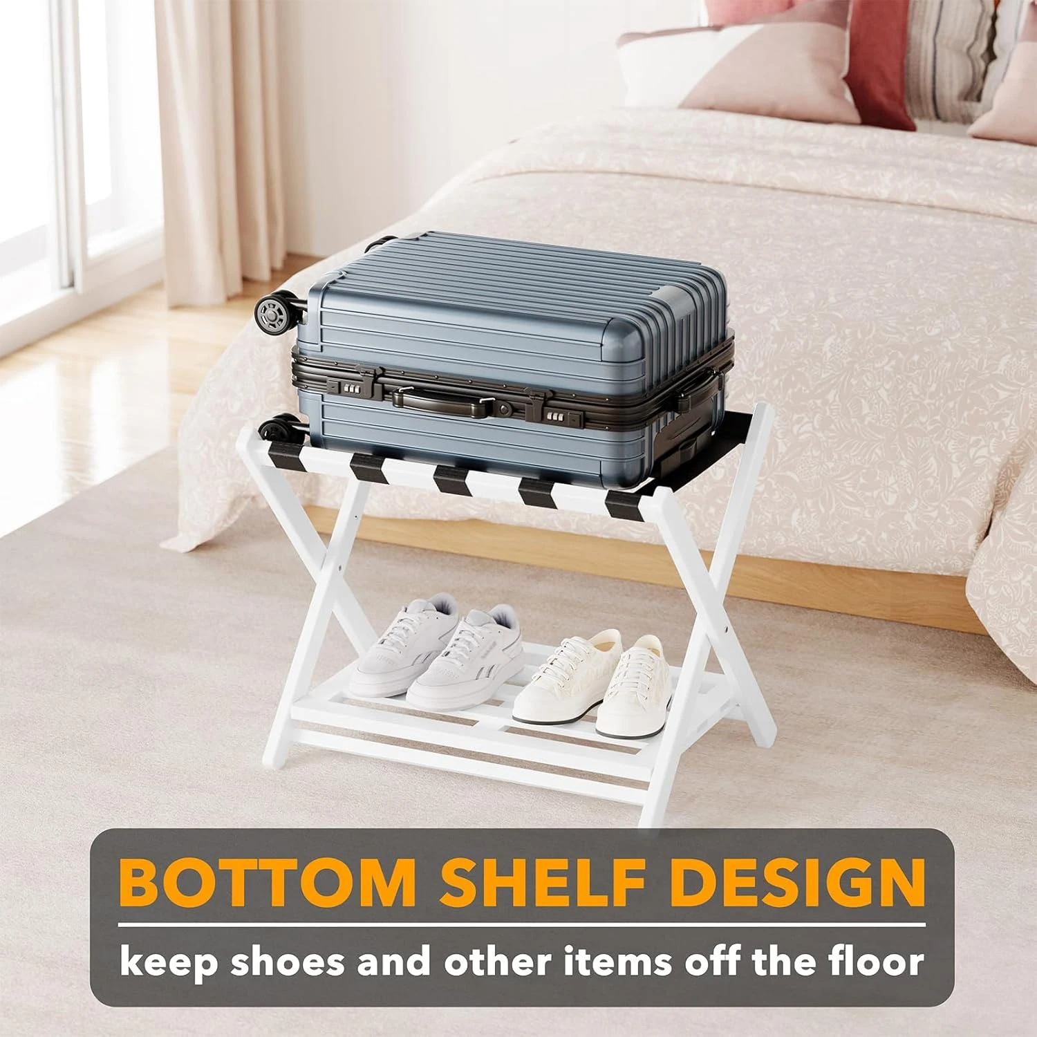 Fully Assembled Bamboo Foldable Luggage Rack With Storage Shelf, White 4 Fully Assembled Bamboo Foldable Luggage Rack With Storage Shelf, White - Image 4