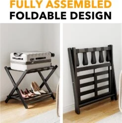 Fully Assembled Bamboo Foldable Luggage Rack With Storage Shelf, Black -NeatNest Store 719qnO7b22L. AC SL1500