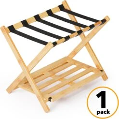 Fully Assembled Bamboo Foldable Luggage Rack With Storage Shelf, Natural -NeatNest Store 71WpevJe7yL. AC SL1500