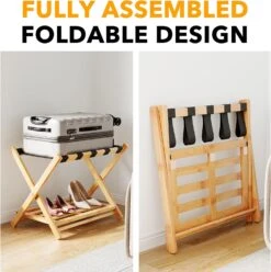 Fully Assembled Bamboo Foldable Luggage Rack With Storage Shelf, Natural -NeatNest Store 71dswbYQ dL. AC SL1500