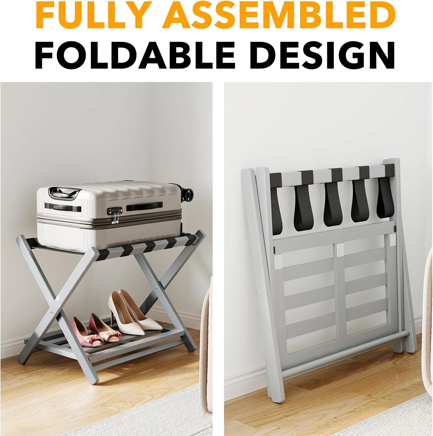 Fully Assembled Bamboo Foldable Luggage Rack With Storage Shelf, Gray 3 Fully Assembled Bamboo Foldable Luggage Rack With Storage Shelf, Gray - Image 3