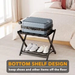 Fully Assembled Bamboo Foldable Luggage Rack With Storage Shelf, Black -NeatNest Store 71hqbhdkDfL. AC SL1500