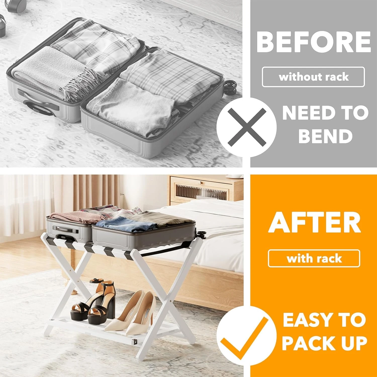 Fully Assembled Bamboo Foldable Luggage Rack With Storage Shelf, White 2 Fully Assembled Bamboo Foldable Luggage Rack With Storage Shelf, White - Image 2