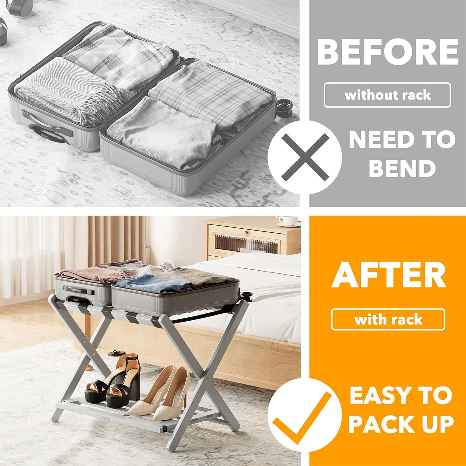 Fully Assembled Bamboo Foldable Luggage Rack With Storage Shelf, Gray 2 Fully Assembled Bamboo Foldable Luggage Rack With Storage Shelf, Gray - Image 2