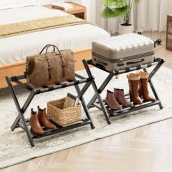 Fully Assembled Bamboo Foldable Luggage Rack With Storage Shelf, Black -NeatNest Store 811yFH9wZkL. AC SL1500