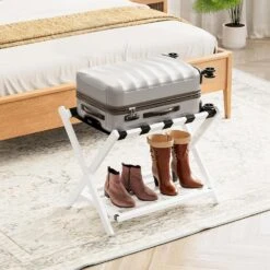 Fully Assembled Bamboo Foldable Luggage Rack With Storage Shelf, White