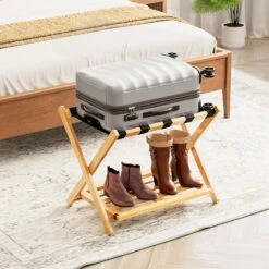 Fully Assembled Bamboo Foldable Luggage Rack With Storage Shelf, Natural