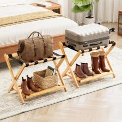 Fully Assembled Bamboo Foldable Luggage Rack With Storage Shelf, Natural -NeatNest Store 81jp0FrSO4L. AC SL1500
