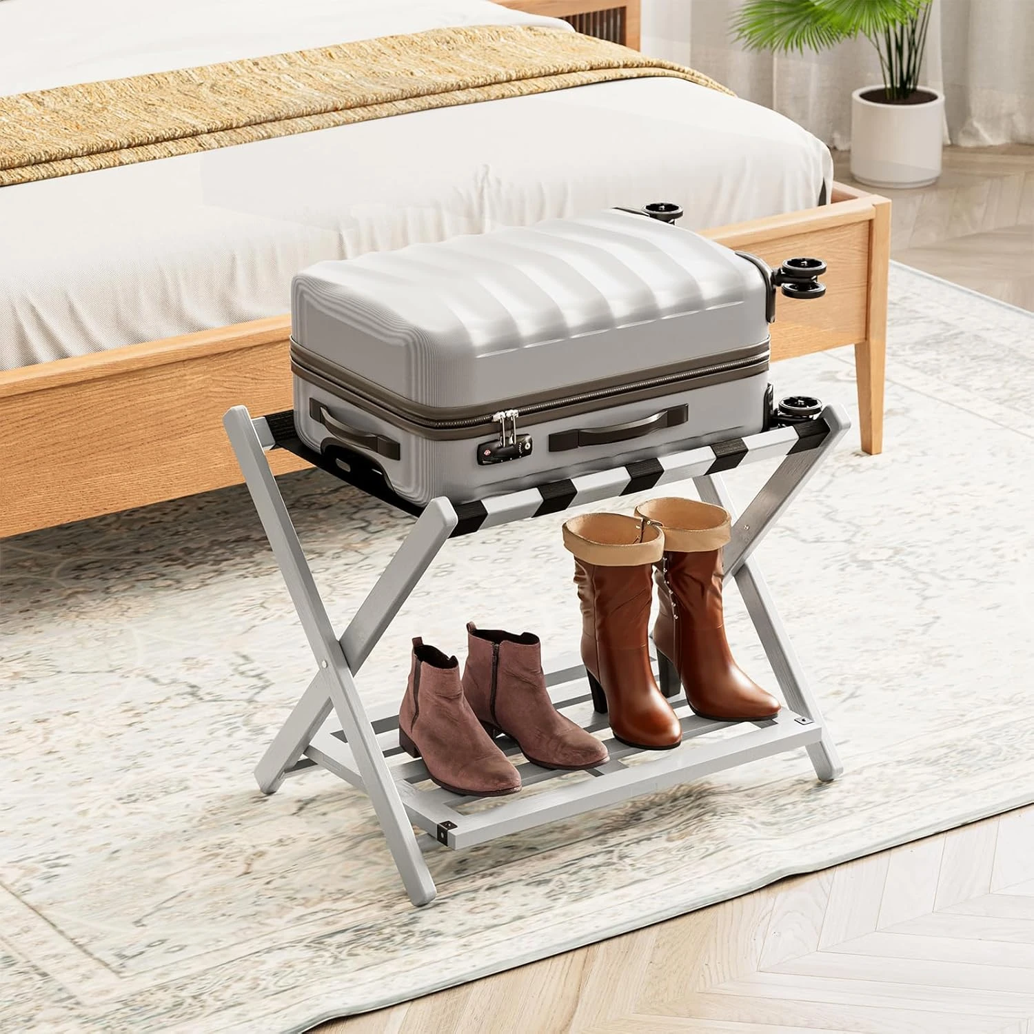 Fully Assembled Bamboo Foldable Luggage Rack With Storage Shelf, Gray 1 Fully Assembled Bamboo Foldable Luggage Rack With Storage Shelf, Gray