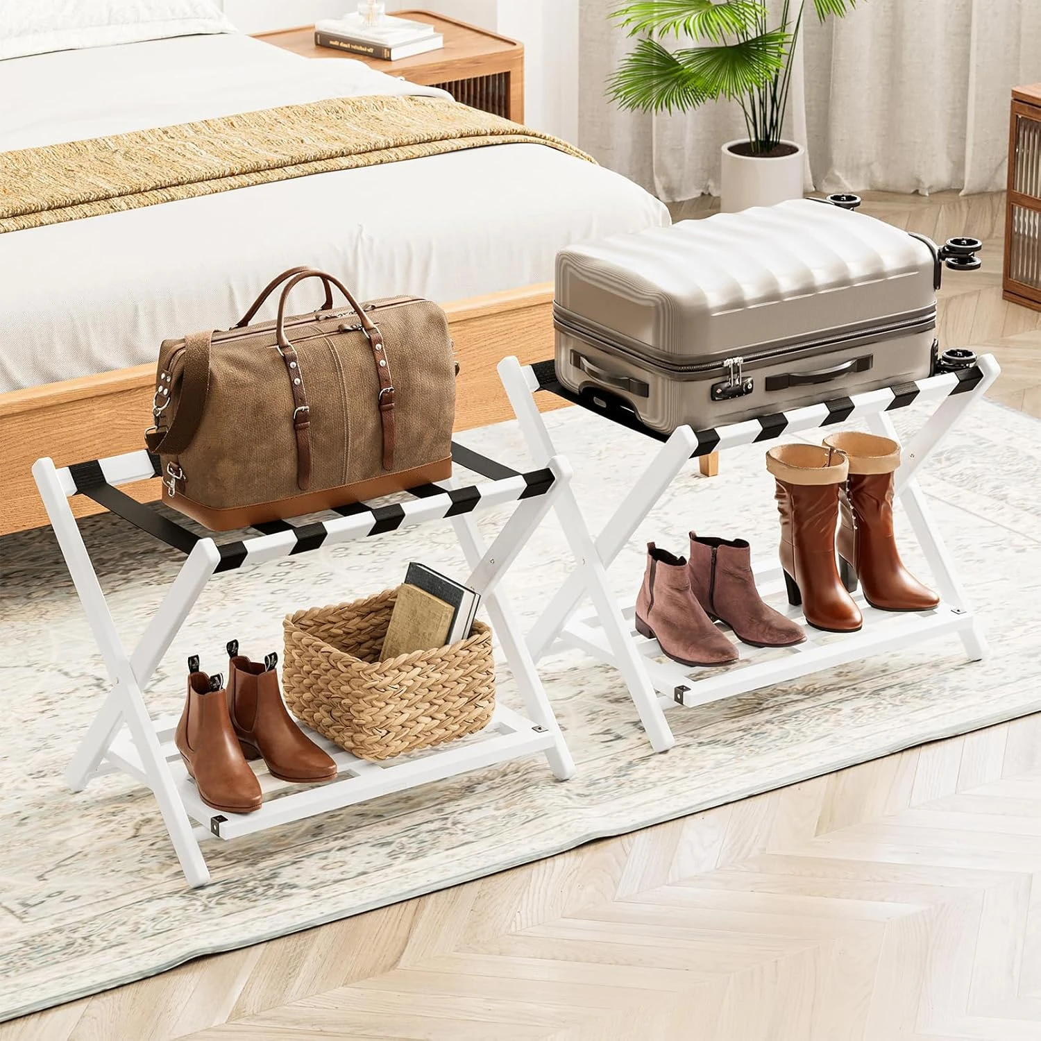 Fully Assembled Bamboo Foldable Luggage Rack With Storage Shelf, White 8 Fully Assembled Bamboo Foldable Luggage Rack With Storage Shelf, White - Image 8