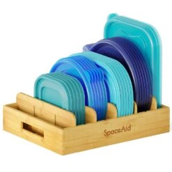 SpaceAid® Bamboo Plastic Lid Organizer For Kitchen