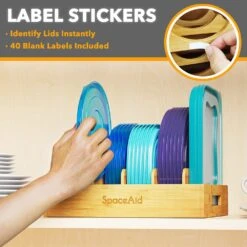 SpaceAid® Bamboo Plastic Lid Organizer For Kitchen -NeatNest Store Plastic Lid Organizer labels