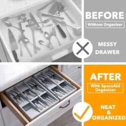 SpaceAid Bamboo Silverware Organizer For Kitchen Drawer, 6 Slots, Gray -NeatNest Store bamboo silverware organizer 4