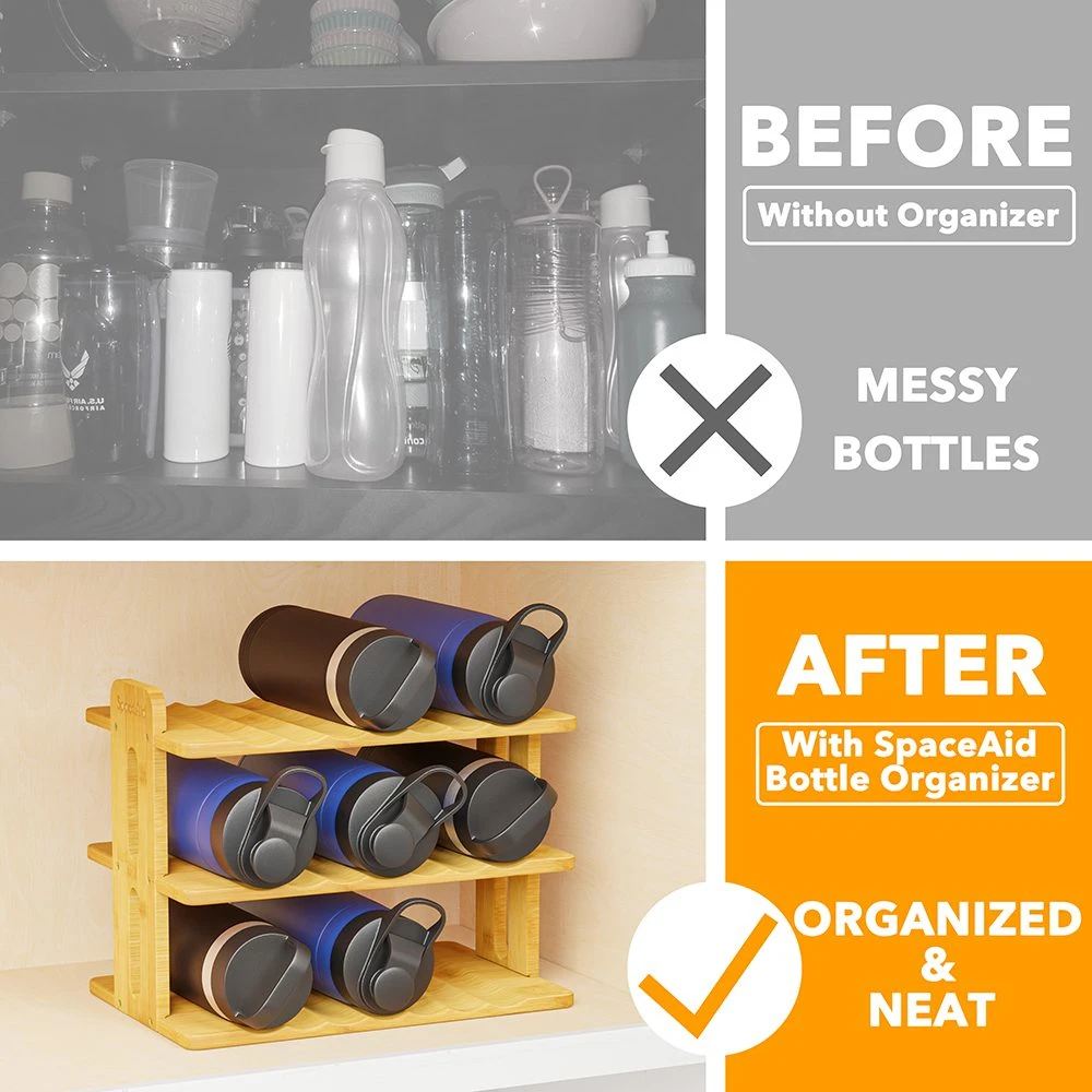 SpaceAid® Bamboo Water Bottle Organizer For Cabinets And Pantries With Labels, Kitchen Storage Rack 3-Tier 2 SpaceAid® Bamboo Water Bottle Organizer For Cabinets And Pantries With Labels, Kitchen Storage Rack 3-Tier - Image 2